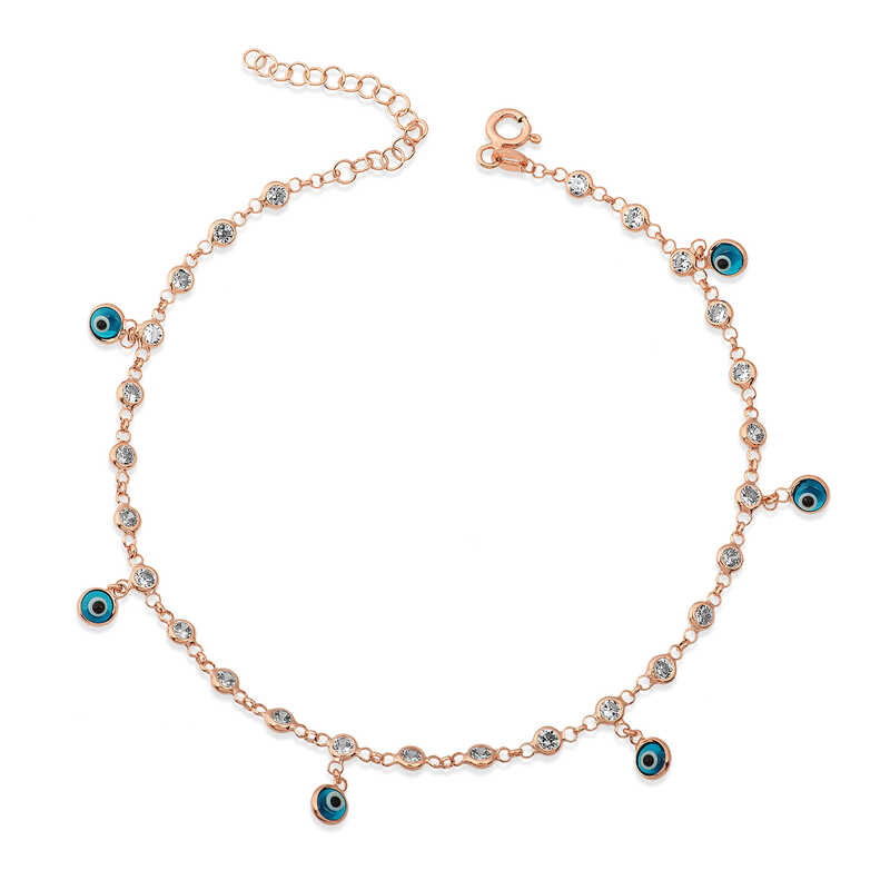Silver Row Zircon Stone Evil Eye Rose Anklet