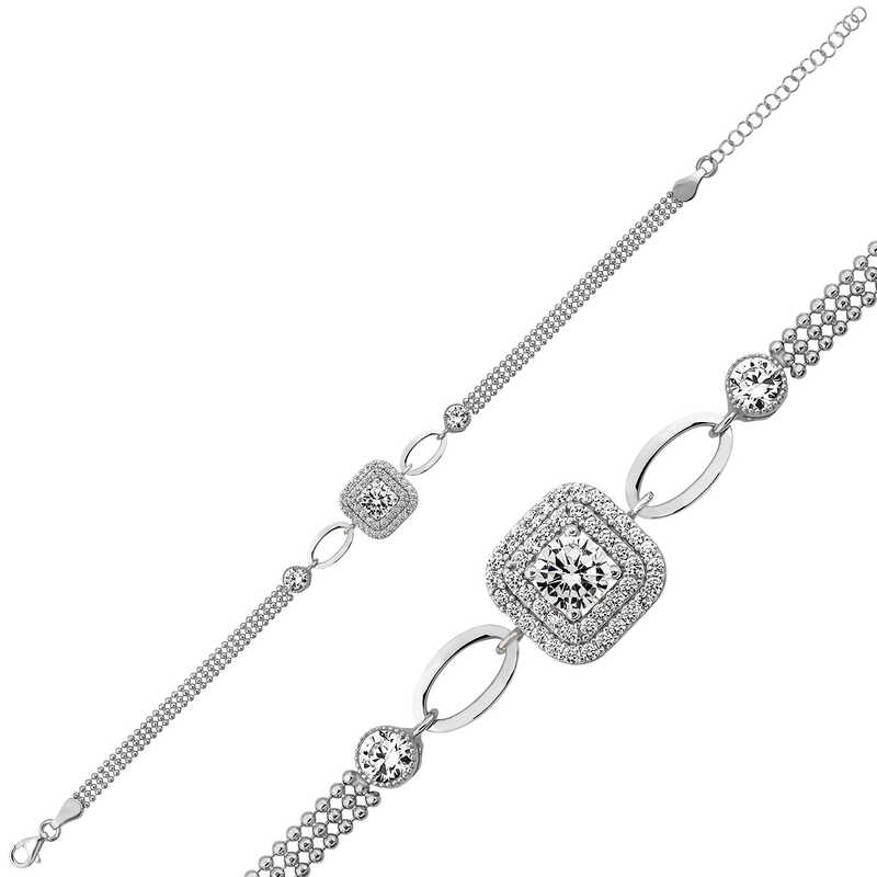 Silver Square Mount White Stone Bracelet