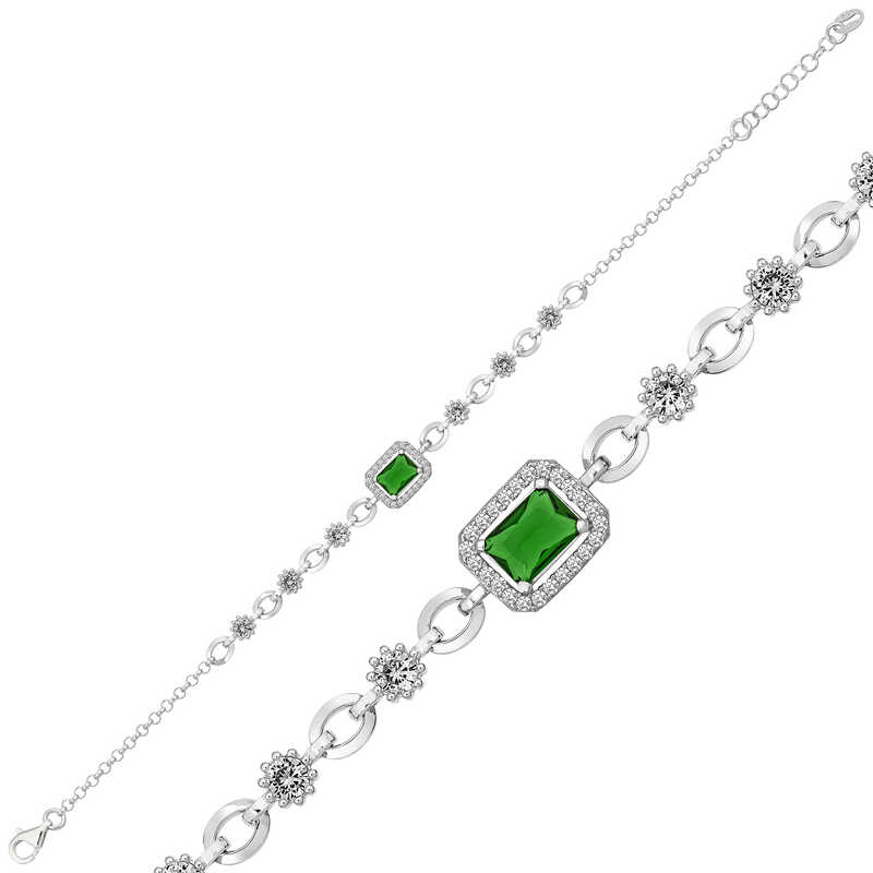 Silver Green Baguette Stone Women’s Bracelet
