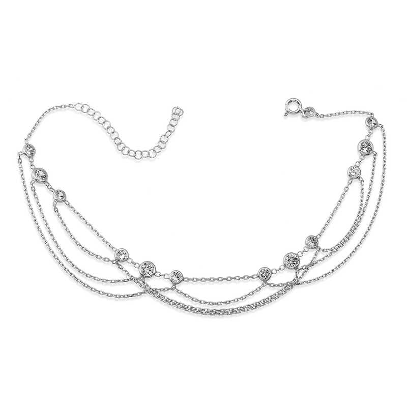 Silver Double Chain White Stone Anklet