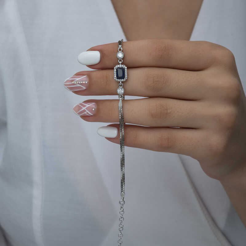 Silver Baguette Blue Stone Women’s Bracelet