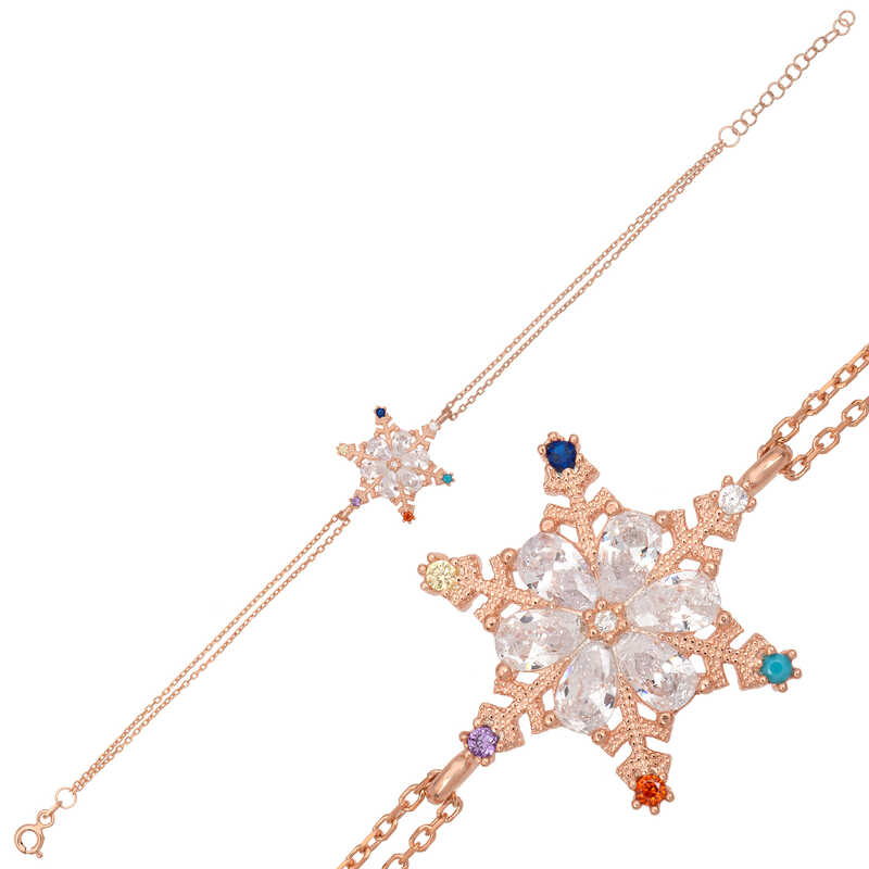 Silver Rose Colored Stone Snowflake Women’s Bracelet
