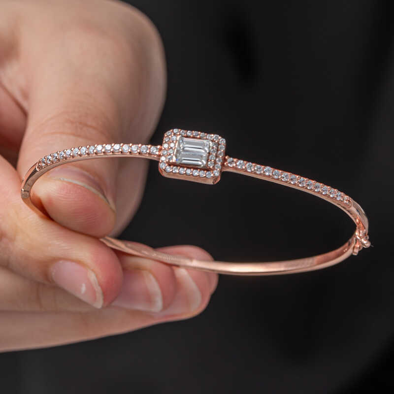 Silver Rose Baguette Stone-set Women's Bangle