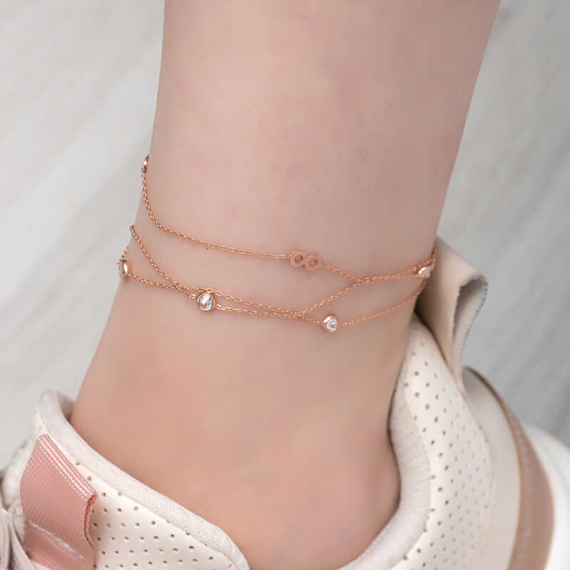 Silver Rose Double Chain Infinity Anklet