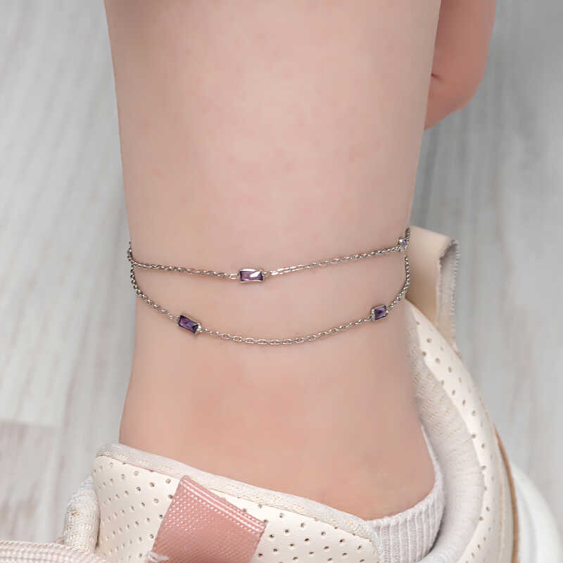 Silver Double Chain Square Lilac Stone Anklet