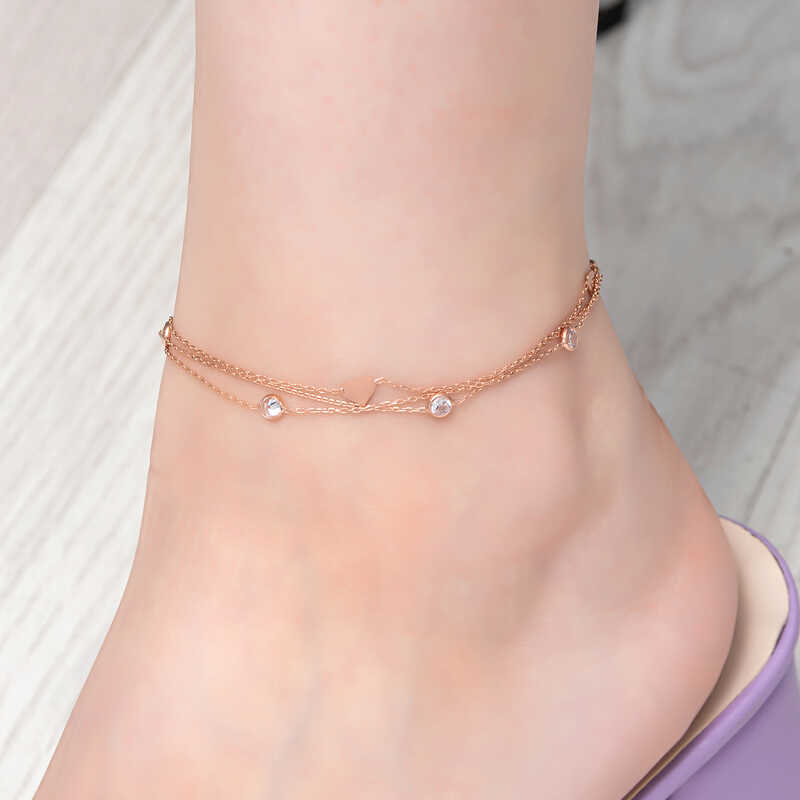 Silver Rose Double Chain Heart Zircon Stone Anklet