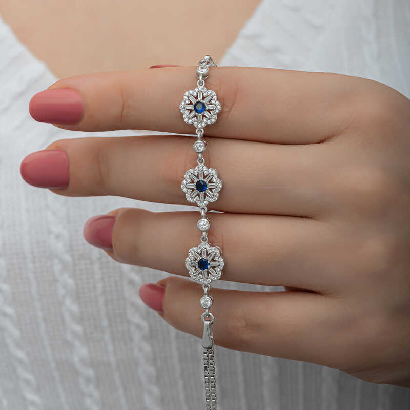 Silver Baguette Flower Patterned Women’s Bracelet