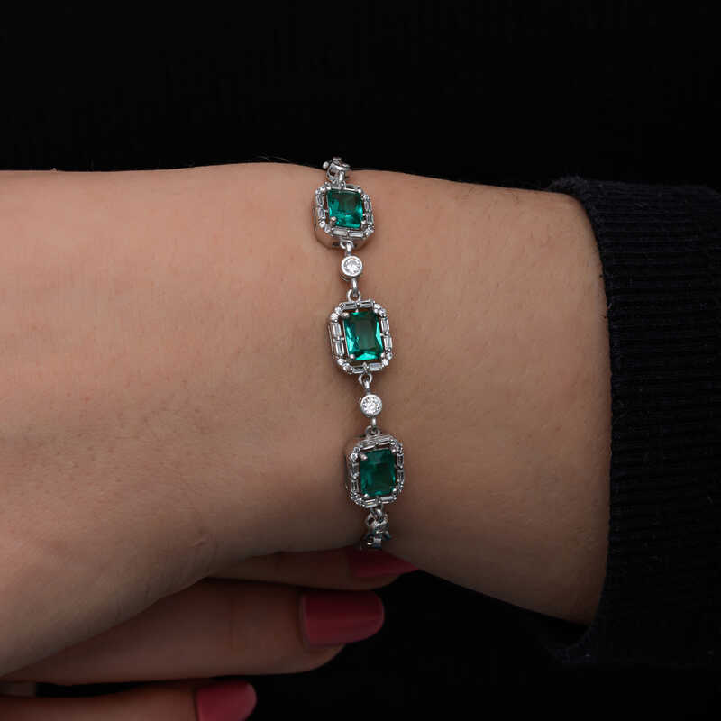Silver Baguette Green Stone Women’s Bracelet