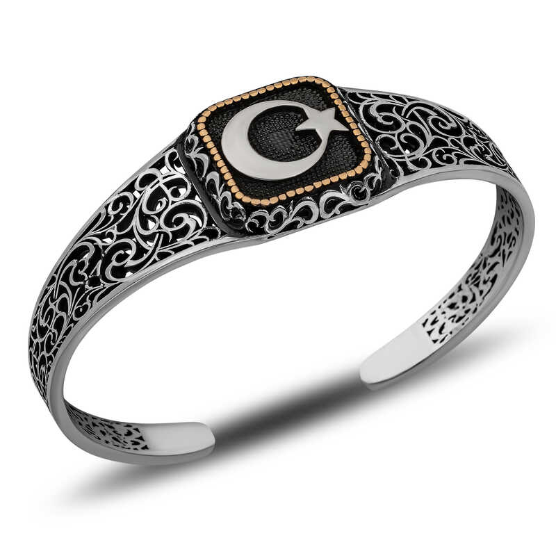 Silver Crescent Star Adjustable Cuff Men’s Bracelet