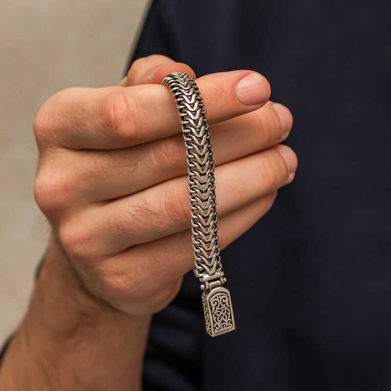 Silver Oxidized Embroidered Men’s Bracelet