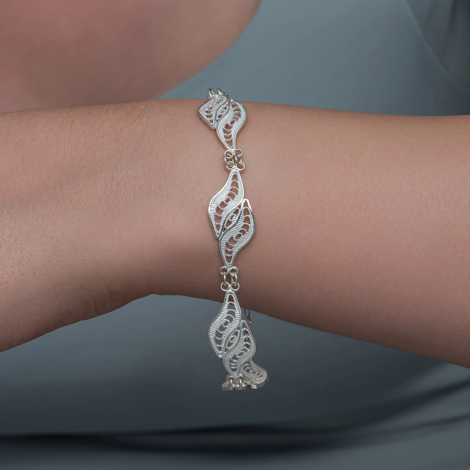 Sterling Silver 925 Double Leaf Filigree Bracelet - Tekbir Silver