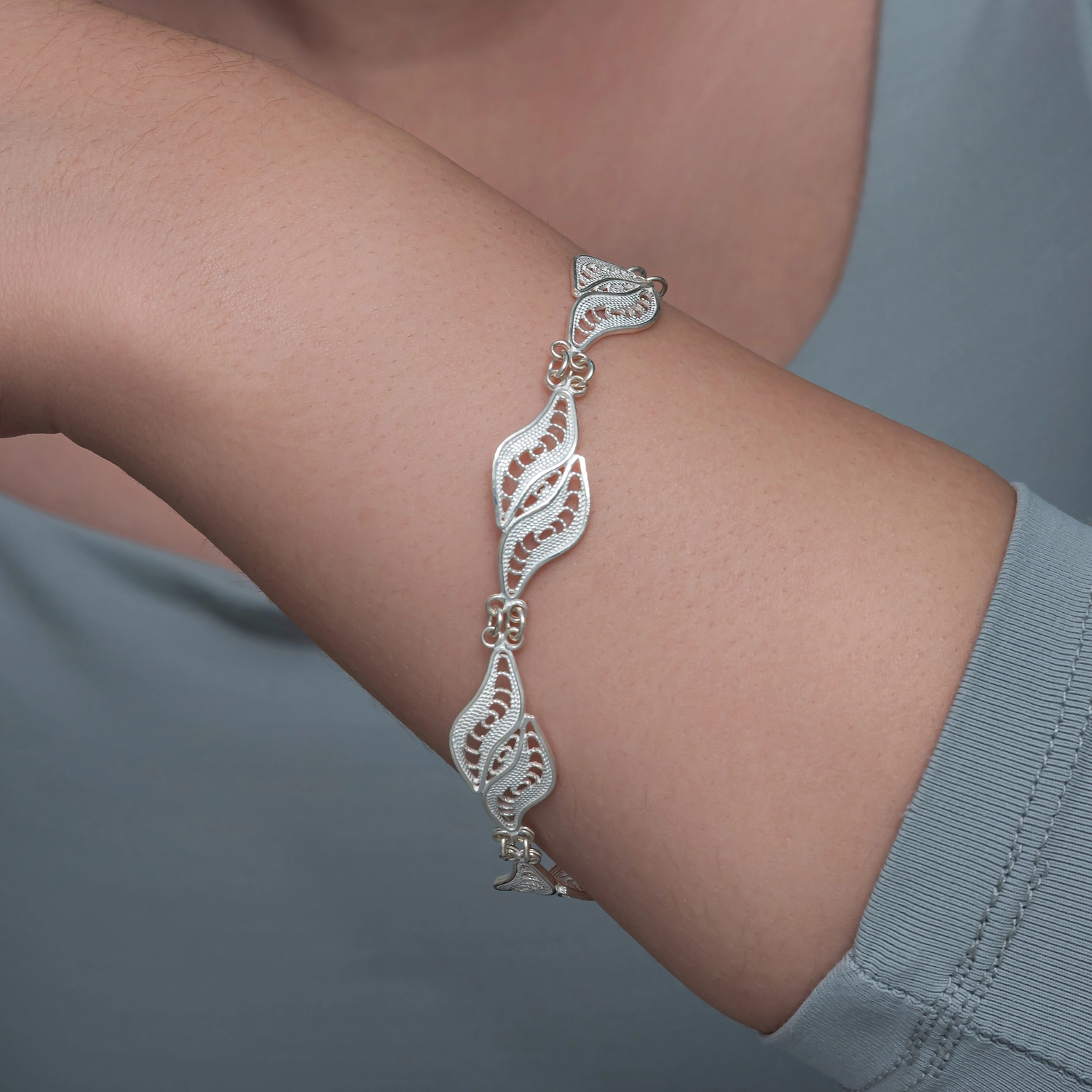 Sterling Silver 925 Double Leaf Filigree Bracelet - Tekbir Silver