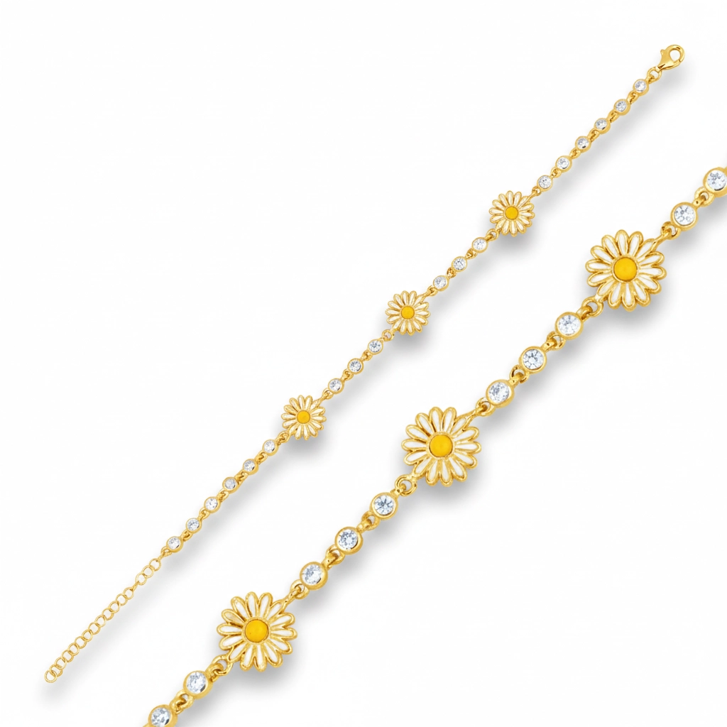 Silver 925 Gold Plated Daisy Bracelet with CZ Stones
