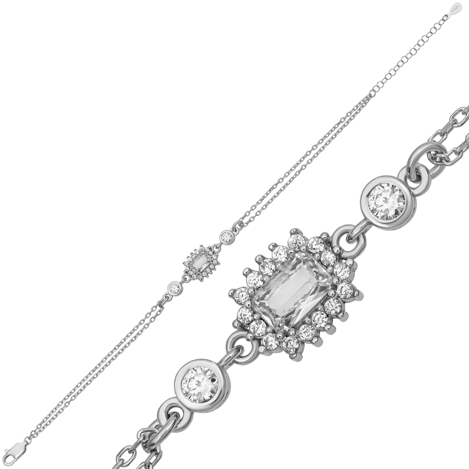 925 Sterling Silver Rhodium Plated Rectangle Stone Bracelet