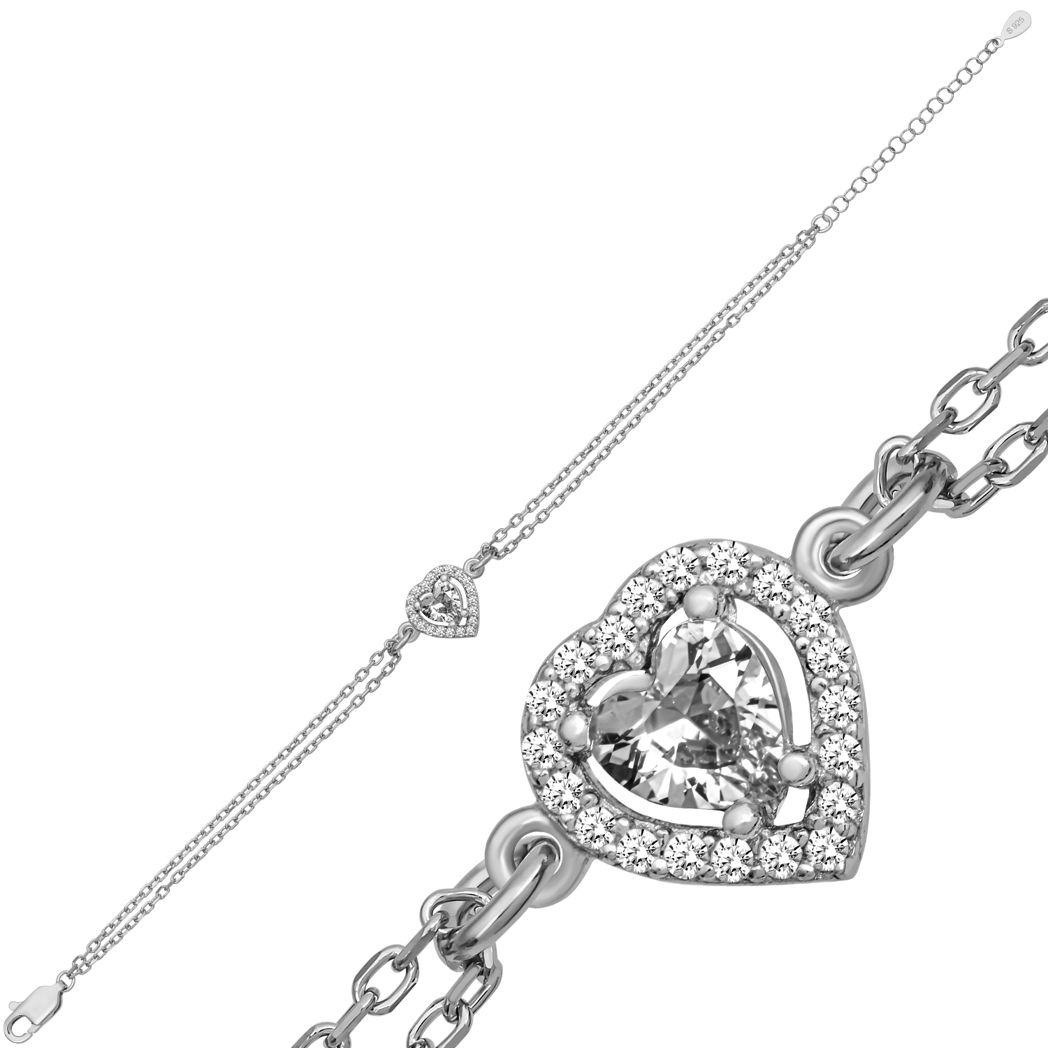 Rhodium Plated 925 Sterling Silver Heart Bracelet with Zircon Stone