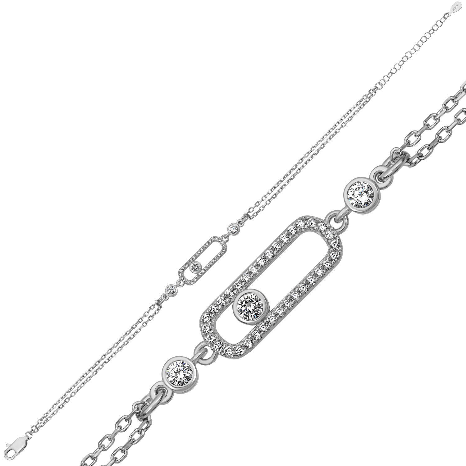 Rhodium Plated Geometric Oval 925 Silver Bracelet with CZ