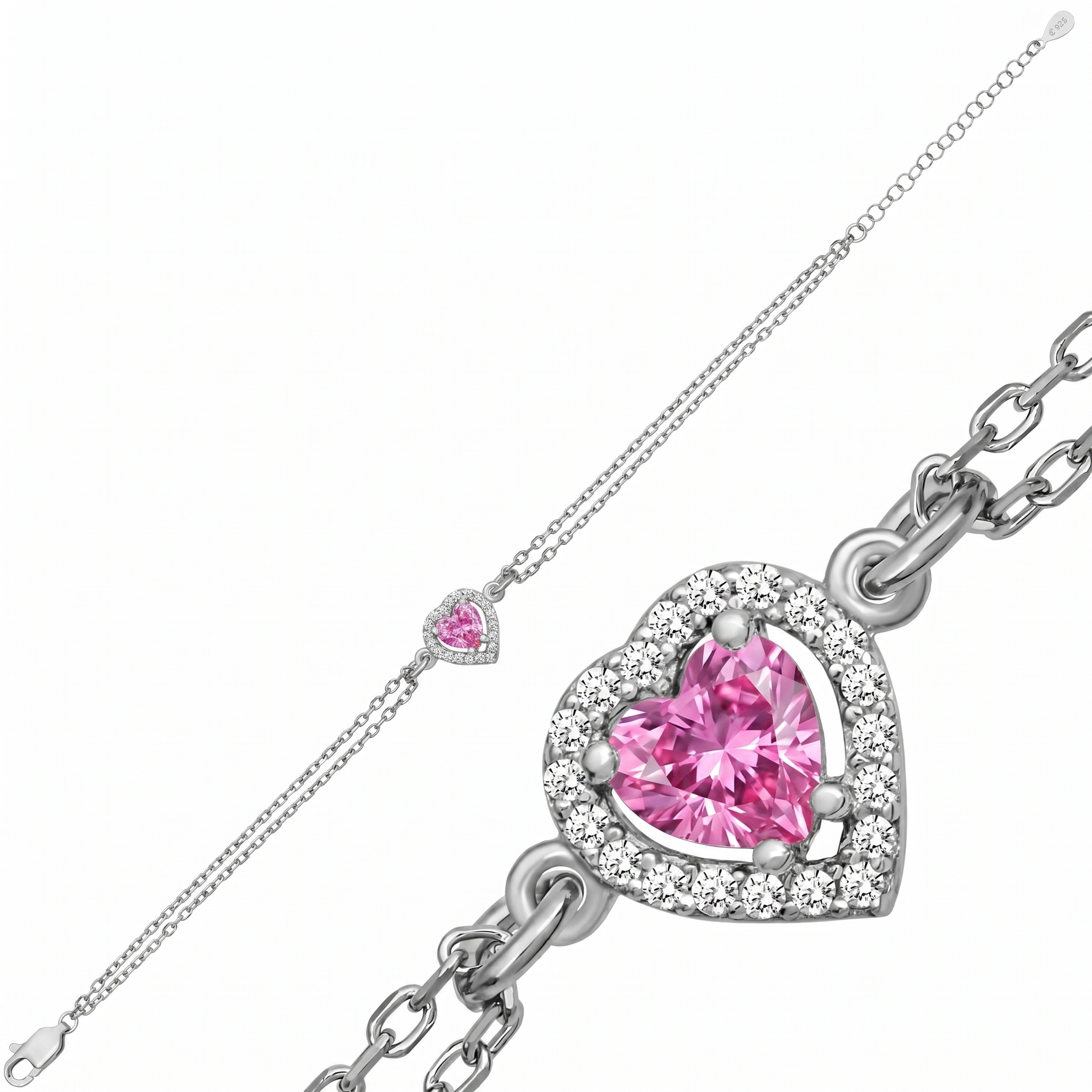 925 Sterling Silver Pink Zircon Heart Bracelet for Women