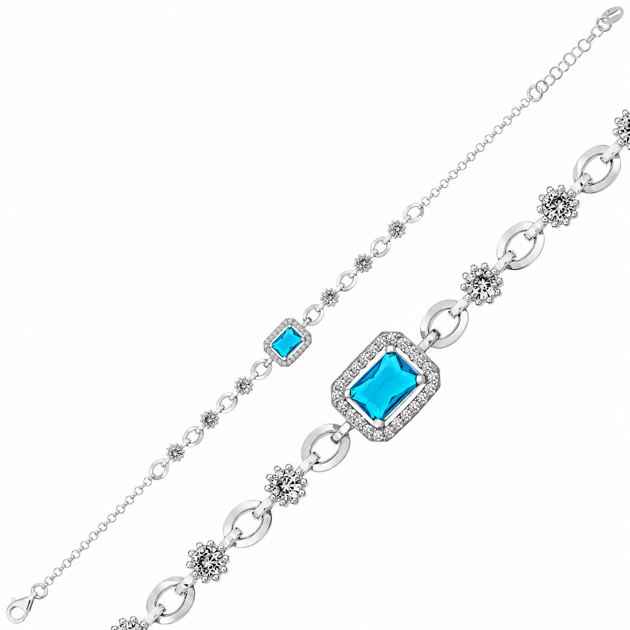 925 Sterling Silver Blue Baguette Bracelet for Women