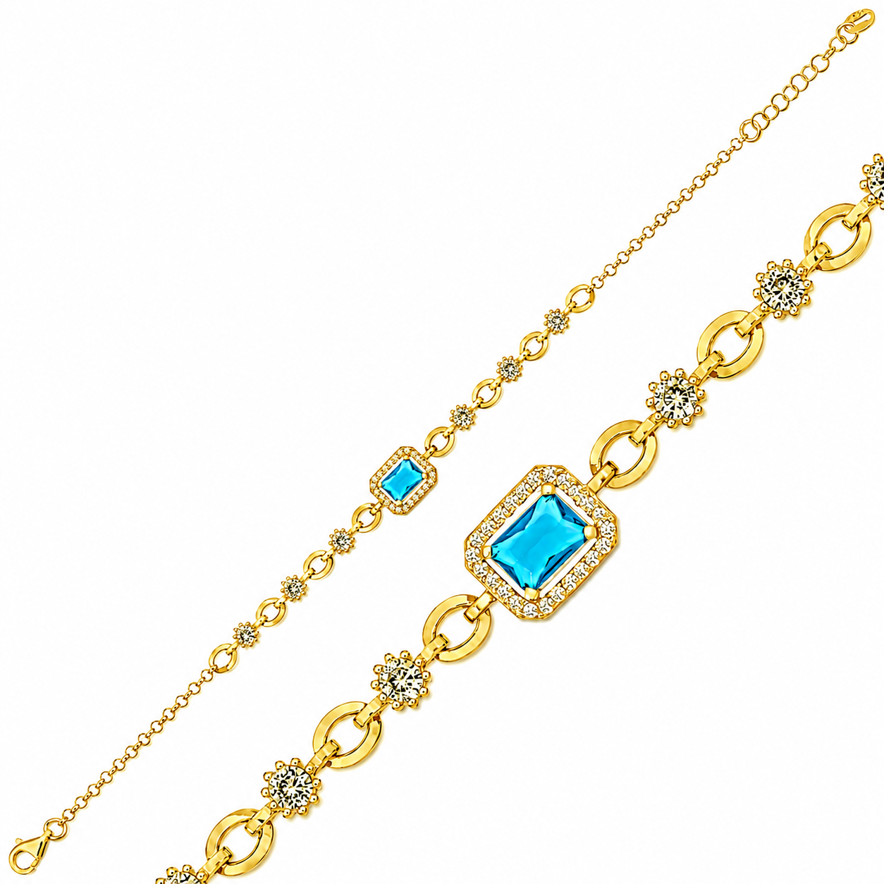 925 Sterling Silver Gold Finish Blue Baguette Bracelet for Women