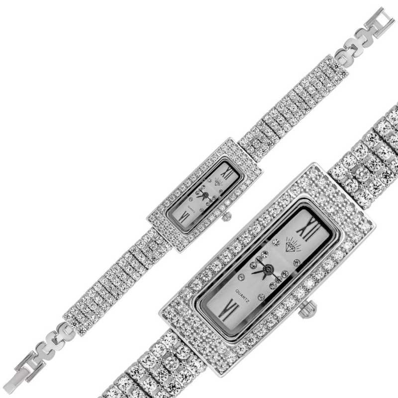 Silver Rectangular Zircon Stone Women’s Watch
