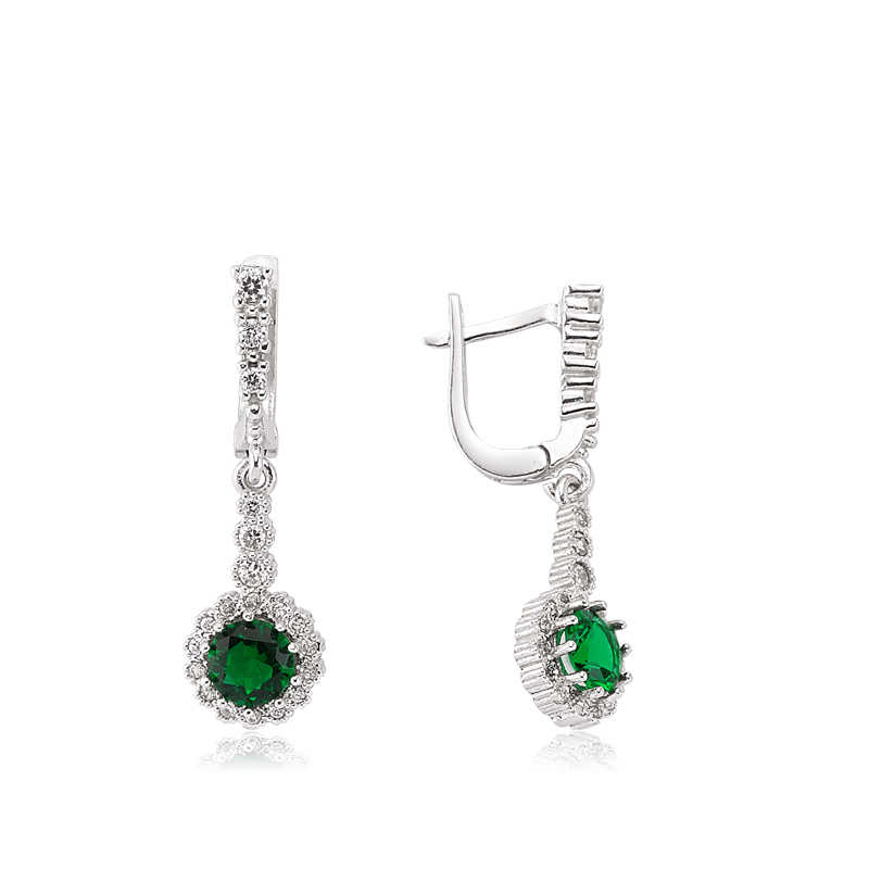 Silver Green Flower Dangle Earrings