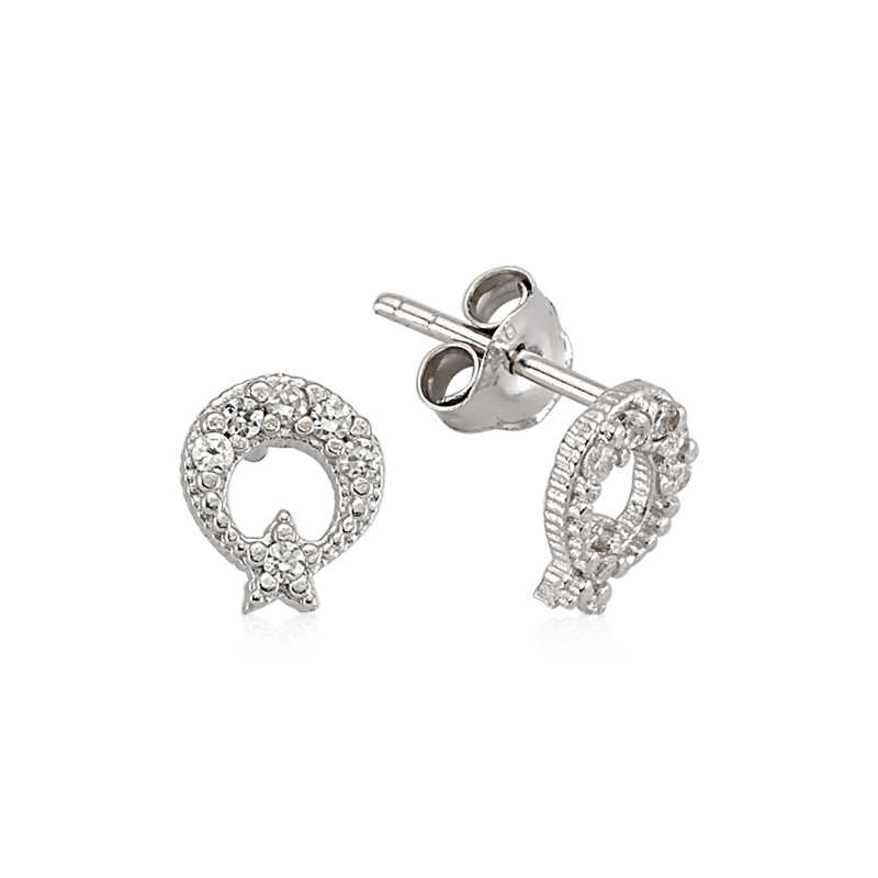 Silver Crescent Star Stud Earrings