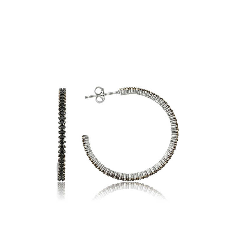Silver Full Circle Black Stone Earrings