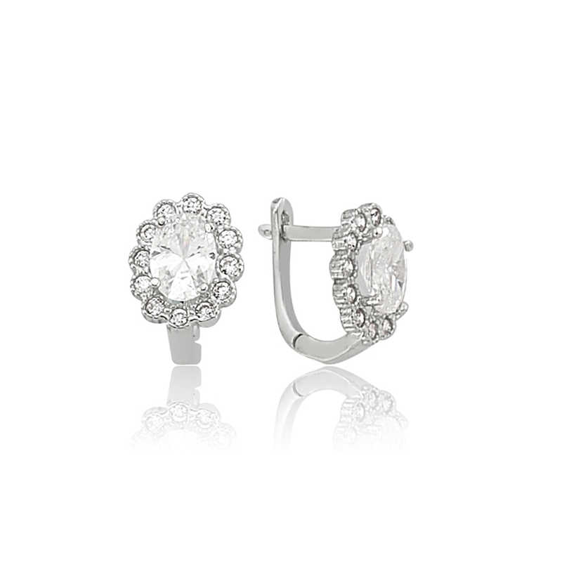 Silver Oval Stone Flower Earrings