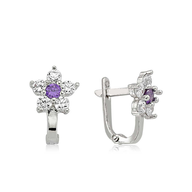 Silver Purple Stone Flower Earrings