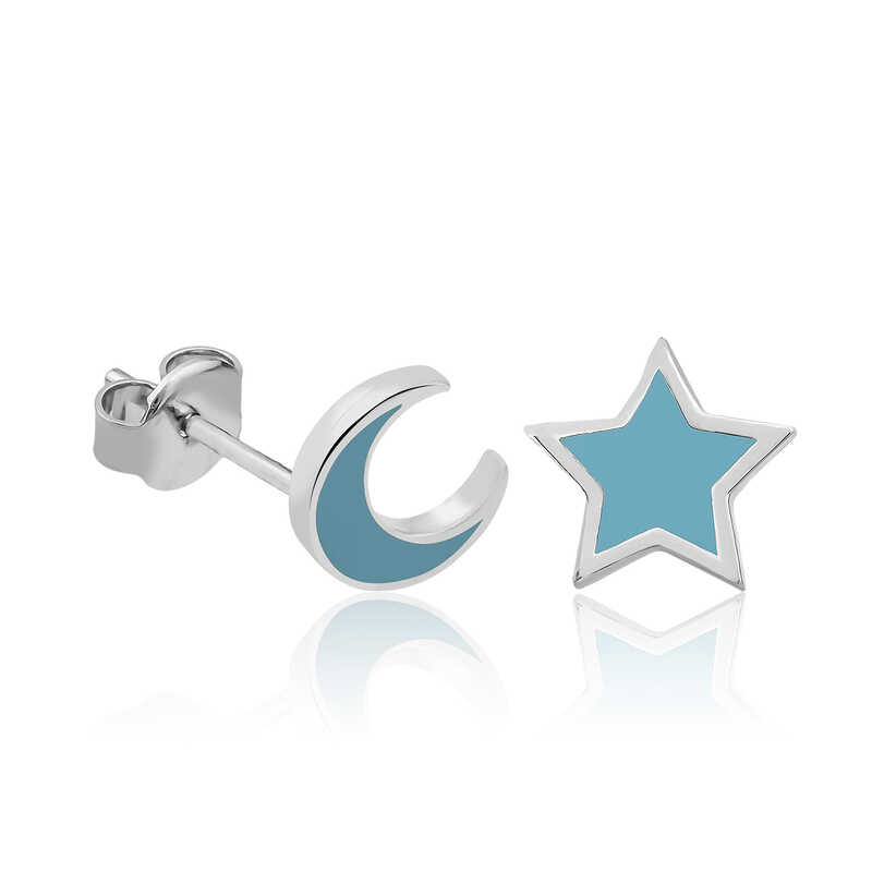 Silver Phosphorescent Blue Crescent Star Earrings