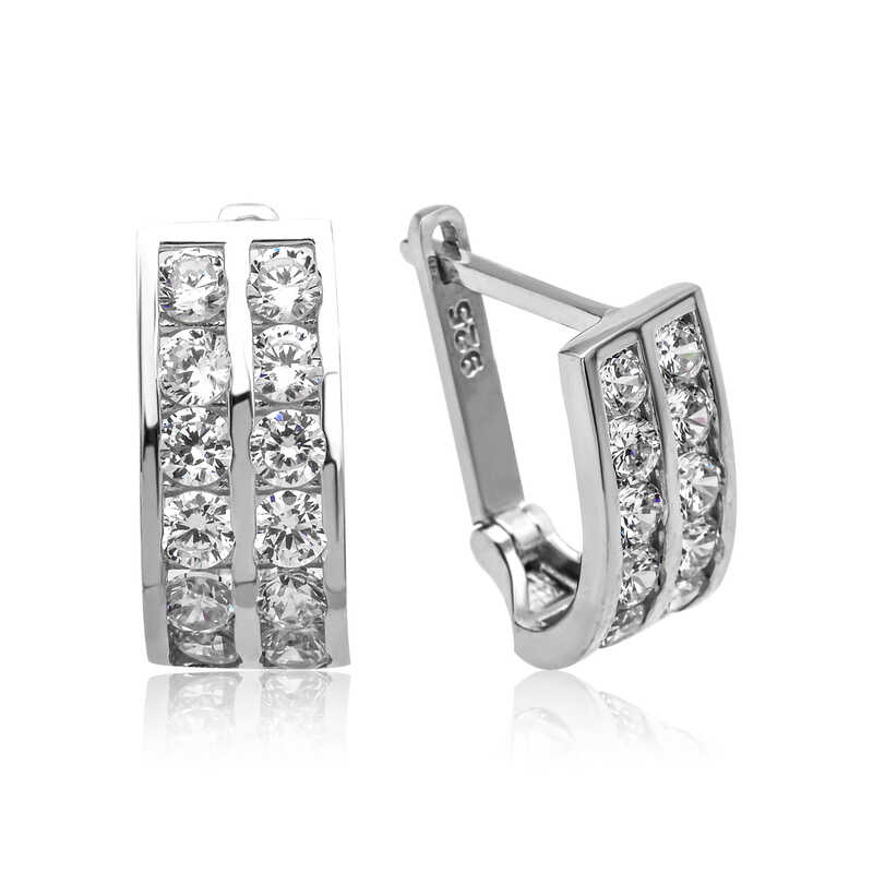 Silver Double Row White Stone J Women’s Earrings