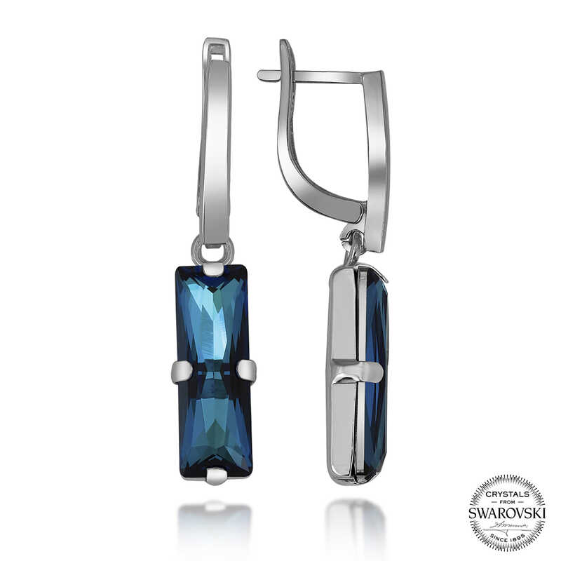 Swarovski Crystal Stone Silver Blue Baguette Dangle Women’s Earrings