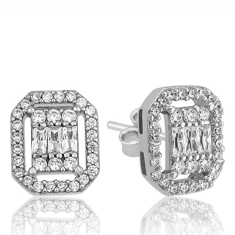 Silver White Baguette Stone Stud Women’s Earrings