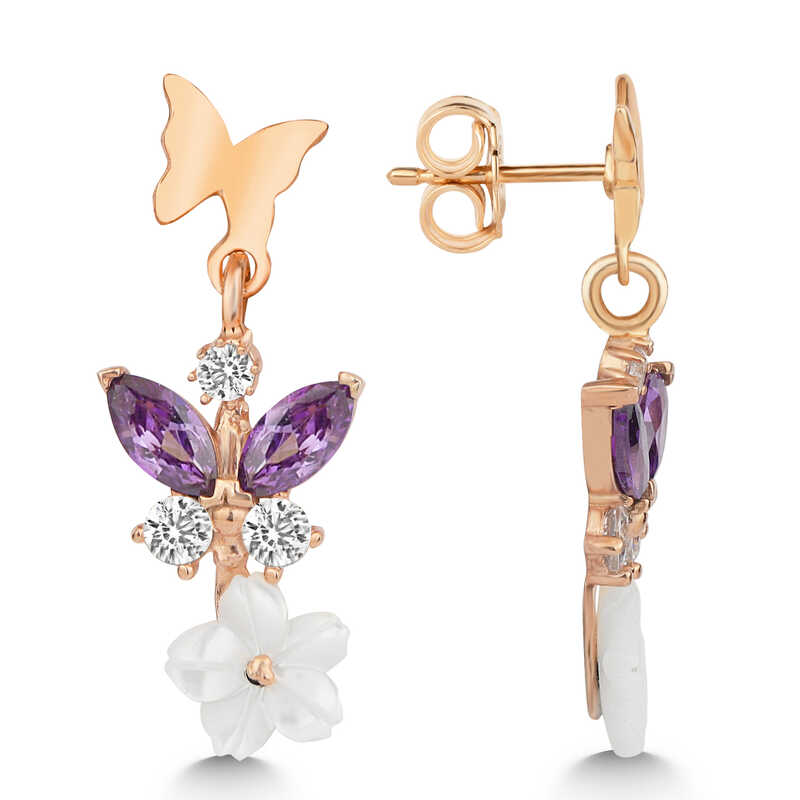 Silver Rose Purple Stone Mother of Pearl Flower Stud Women’s Earrings
