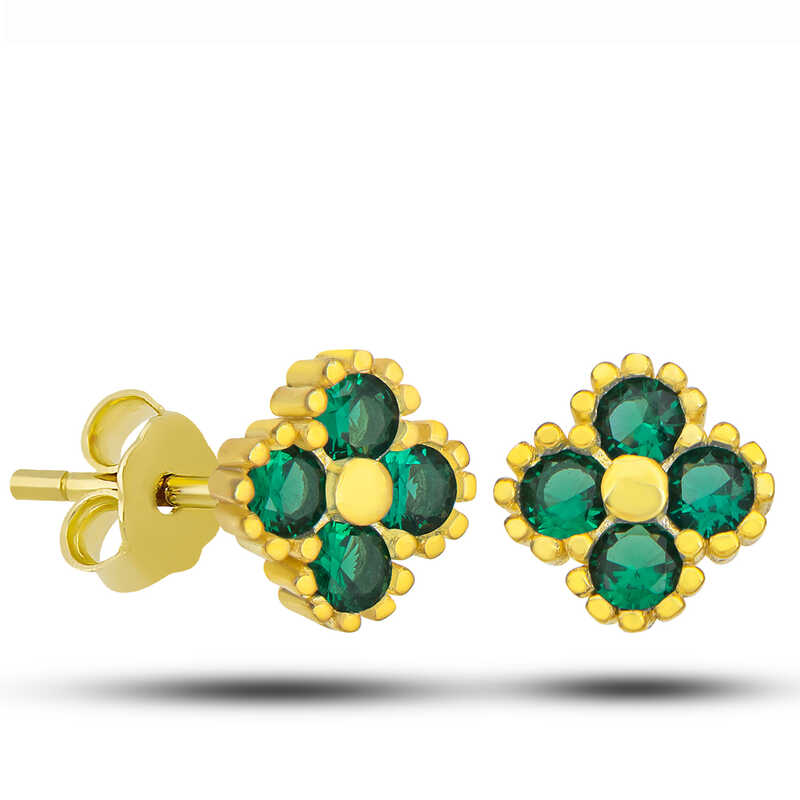 Silver Gold Clover Stud Green Stone Children’s Earrings