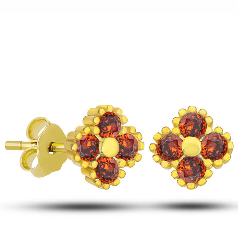 Silver Gold Clover Stud Red Stone Children’s Earrings
