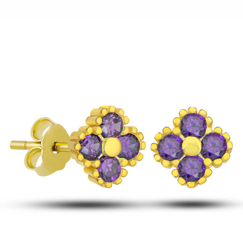 Silver Gold Clover Stud Purple Stone Children’s Earrings
