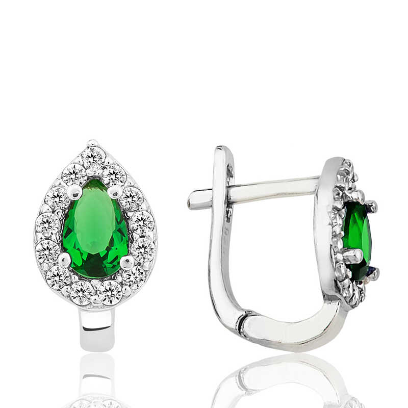 Silver Green Stone Drop J Women’s Earrings