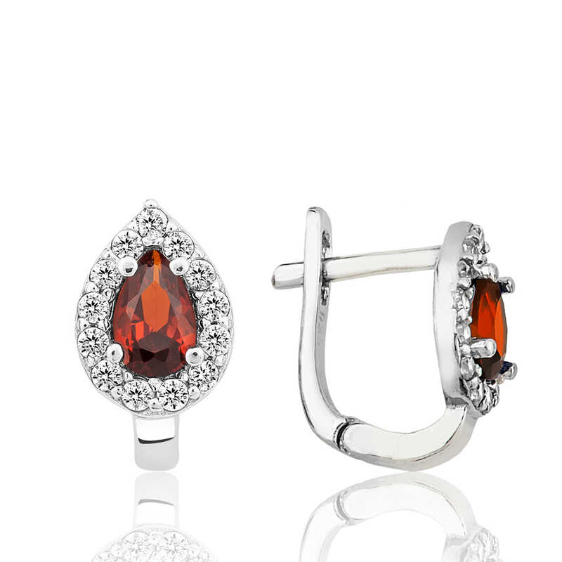 Silver Red Stone Drop J Women’s Earrings