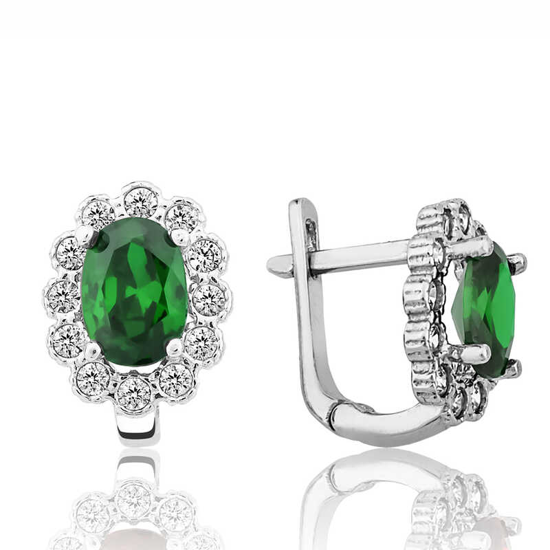 Silver Green Flower Patterned J Women’s Earrings