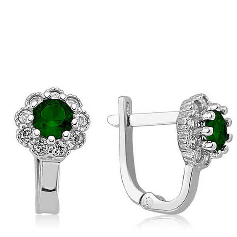 Silver Green Floral Patterned Round J Women’s Earrings