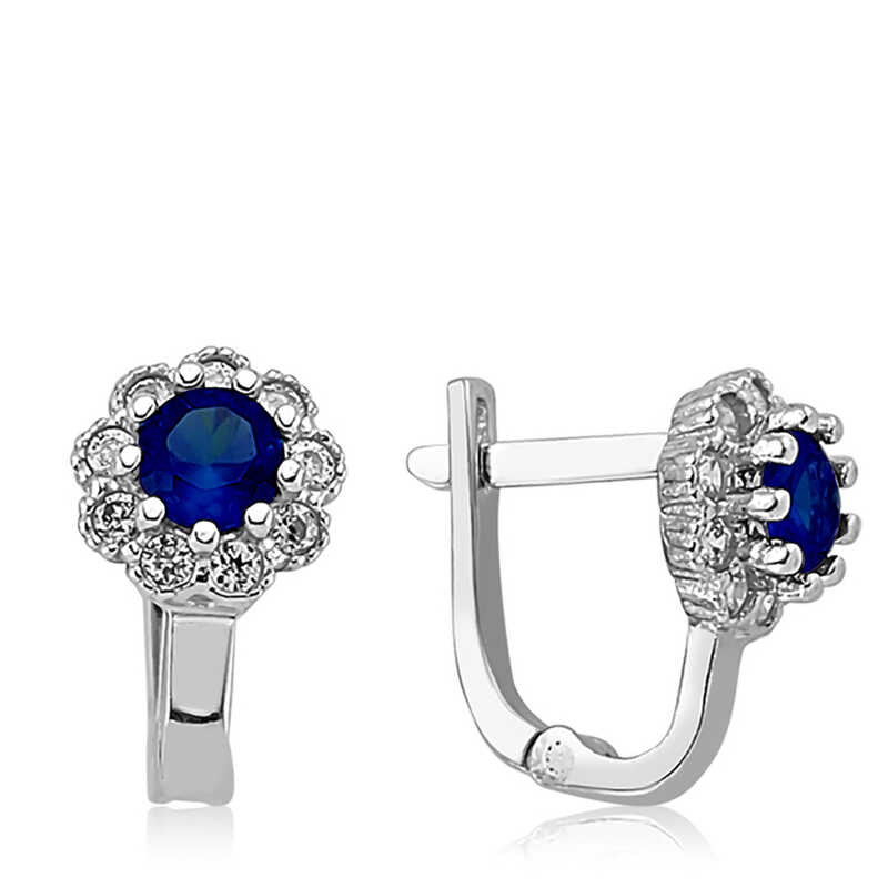 Silver Blue Floral Patterned Round J Women’s Earrings