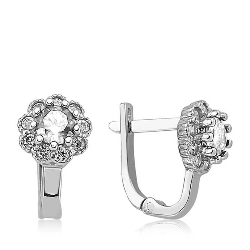 Silver White Floral Patterned Round J Women’s Earrings