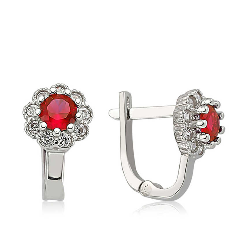 Silver Red Flower Patterned Round J Women’s Earrings