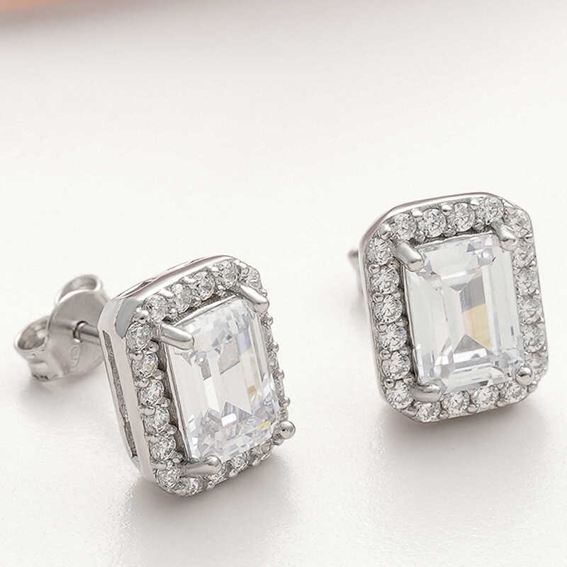 Silver White Baguette Stone-set Studded Women's Earrings