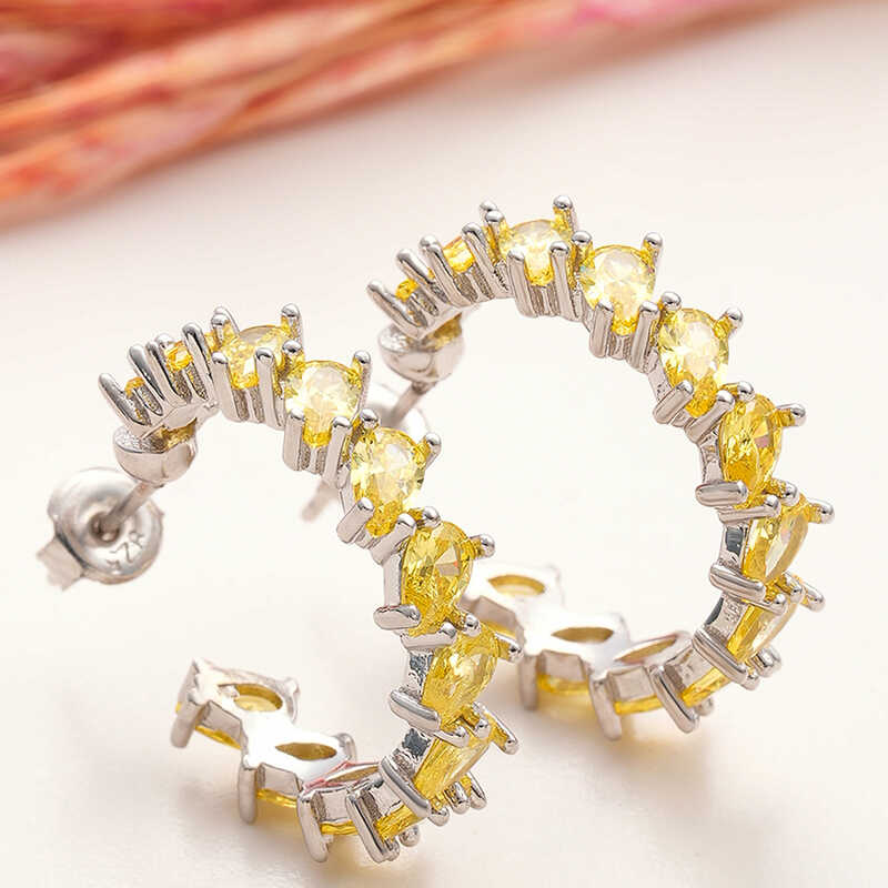Silver Yellow Stone-set Drop Studded Women's Earrings