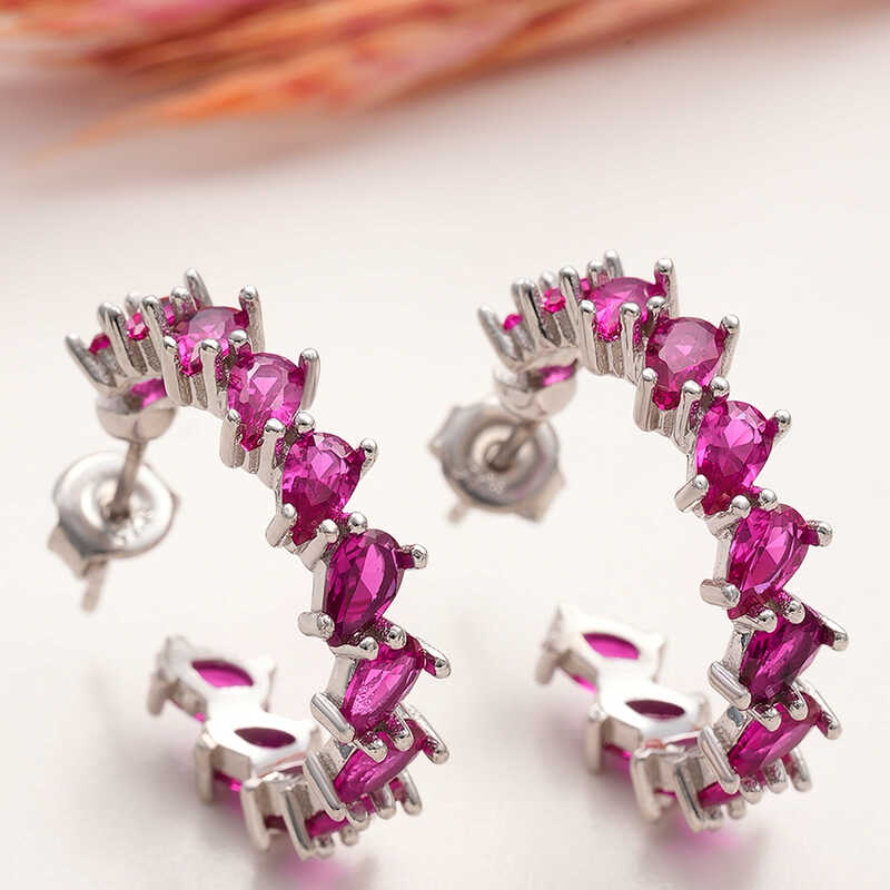 Silver Pink Stone-set Drop Studded Women's Earrings