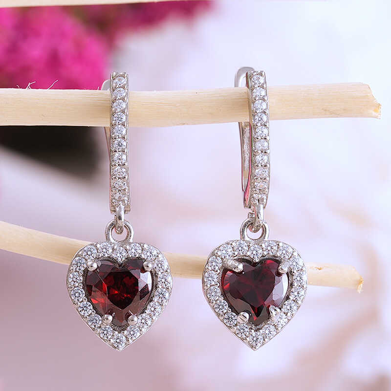 Silver Red Stone-set Heart Women's Earrings