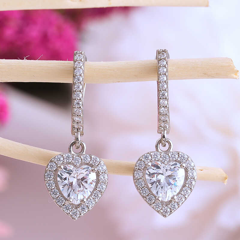 Silver White Stone-set Heart Women's Earrings