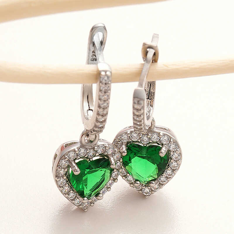 Silver Green Stone-set Heart Women's Earrings